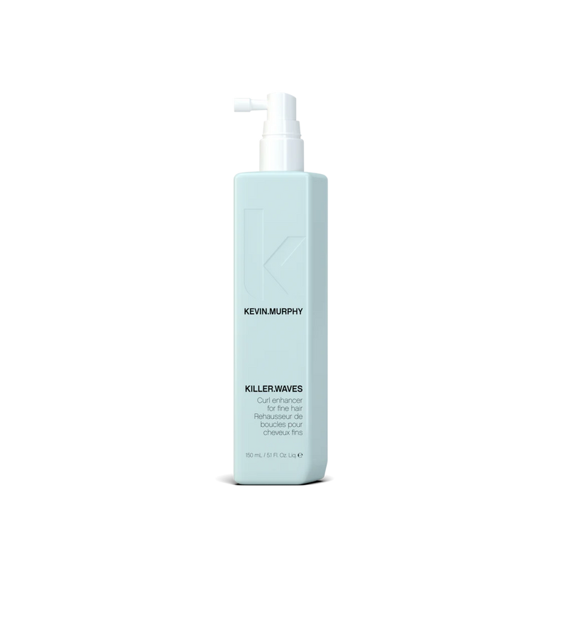 A bottle of **KEVIN.MURPHY KILLER.WAVES**, a lightweight curl-enhancing spray designed to boost volume, define waves, and reduce frizz without weighing hair down. Perfect for fine and wavy hair, it adds texture and movement while maintaining a soft, natural feel.