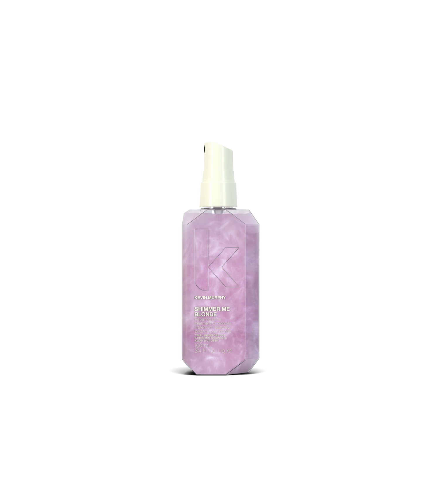 A bottle of **KEVIN.MURPHY SHIMMER.ME BLONDE**, a repairing and shine-enhancing spray designed for blonde, highlighted, and gray hair. Infused with light-reflecting technology and nourishing oils, it helps restore vibrancy, reduce brassiness, and add a luminous, healthy glow.