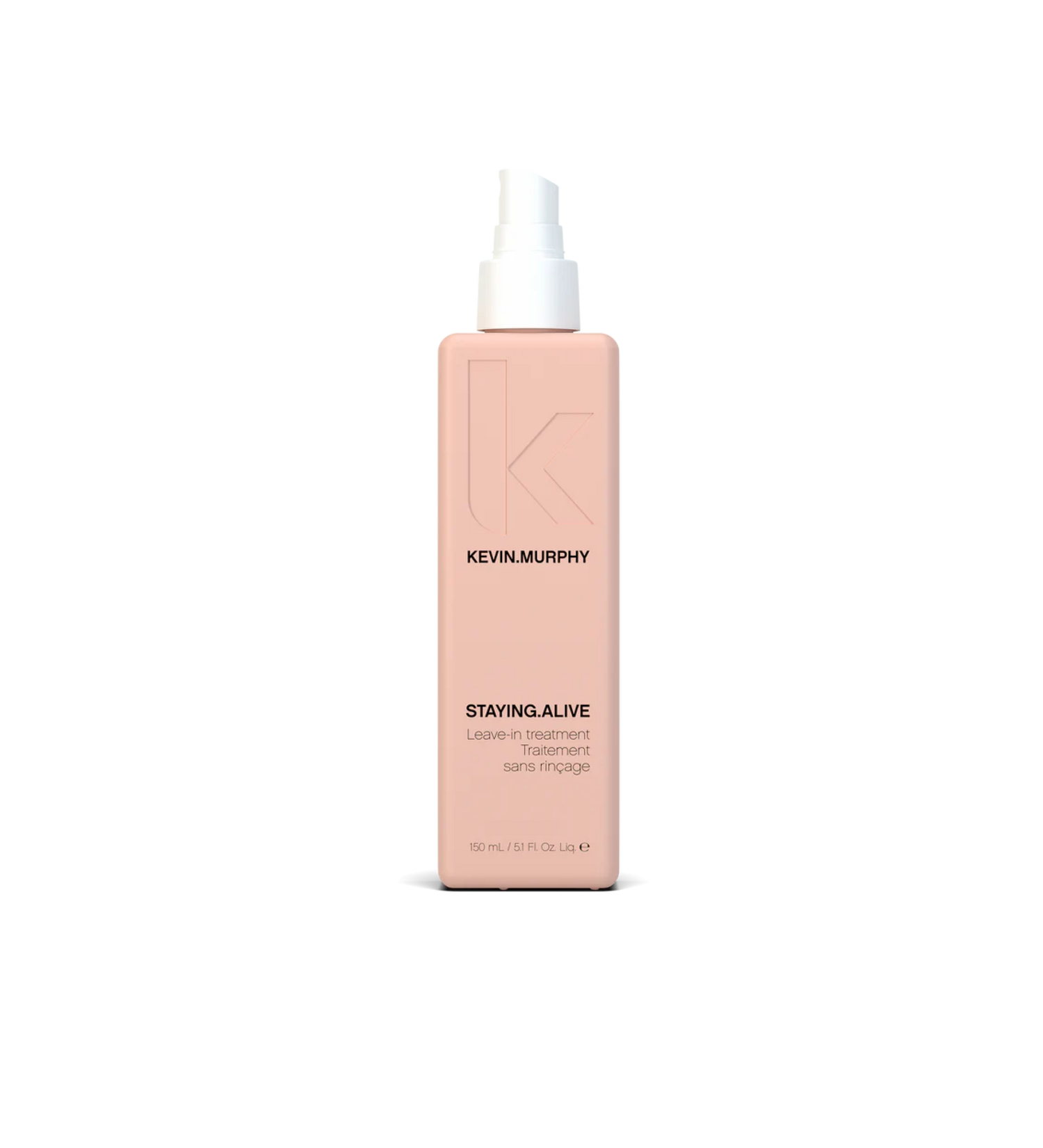 A bottle of **KEVIN.MURPHY STAYING.ALIVE**, a lightweight leave-in treatment designed to repair, hydrate, and smooth damaged or color-treated hair. Infused with silk proteins and antioxidants, it helps strengthen hair, reduce frizz, and protect against environmental stressors.