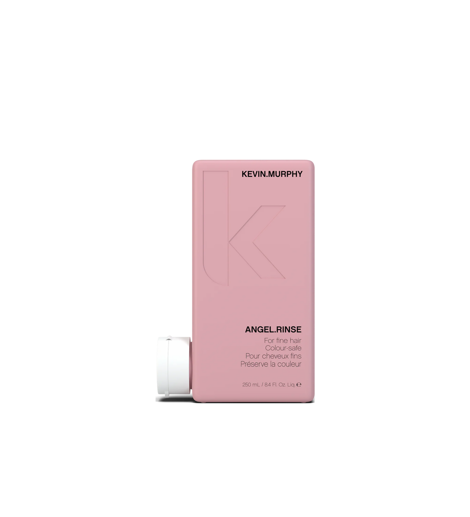 A bottle of **KEVIN.MURPHY ANGEL.RINSE**, a lightweight, hydrating conditioner designed to nourish and protect fine, dry, or color-treated hair. The sleek, matte pink packaging reflects its gentle, sulfate-free formula, which adds moisture, shine, and softness without weighing hair down.