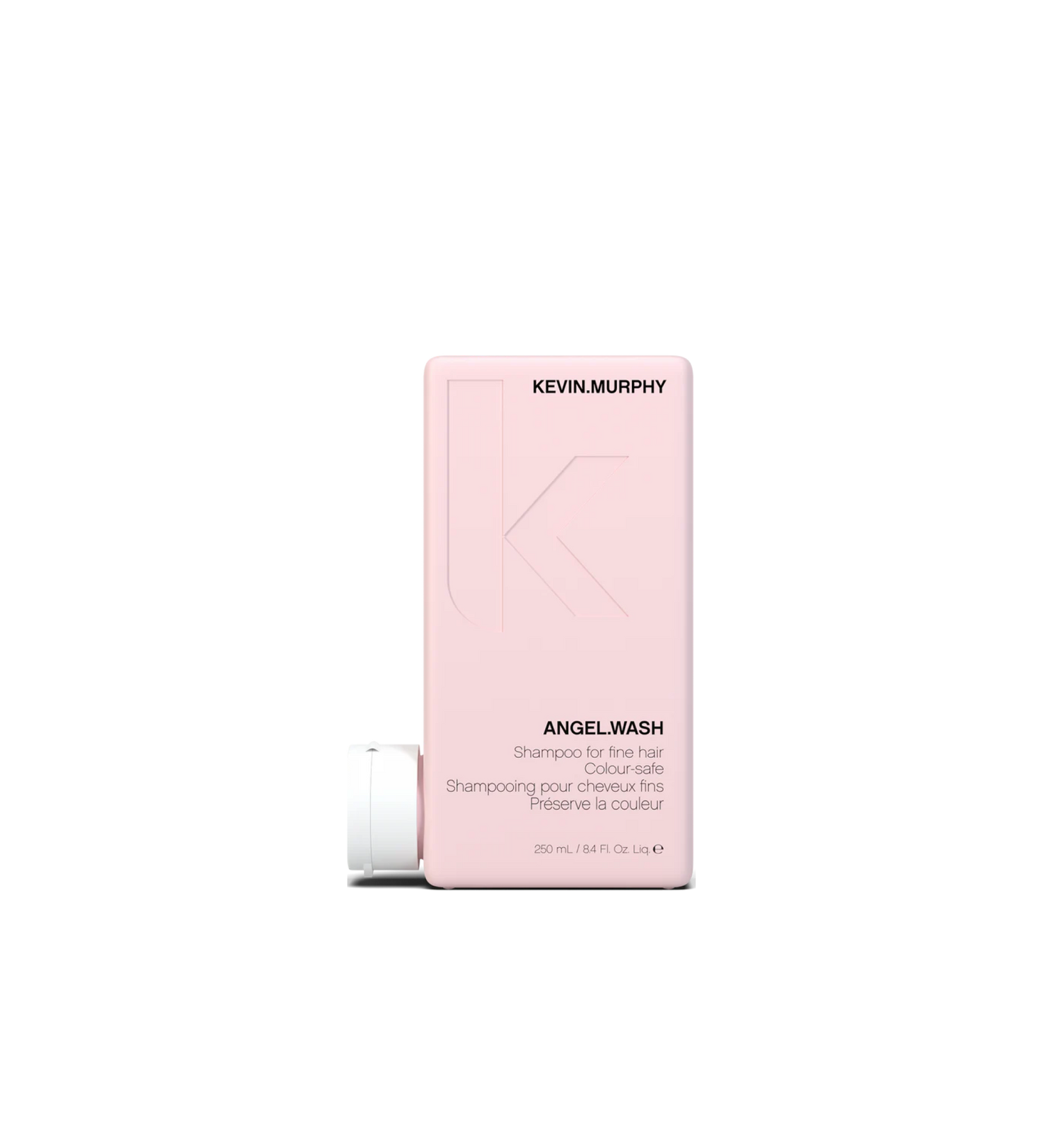 A bottle of **KEVIN.MURPHY ANGEL.WASH**, a gentle, volumizing shampoo designed to cleanse and nourish fine, fragile, or color-treated hair. The sleek, matte pink packaging highlights its antioxidant-rich, sulfate-free formula, which helps strengthen, protect, and add lightweight moisture for soft, healthy hair.