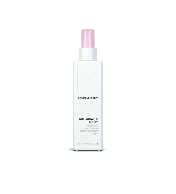 A bottle of **KEVIN.MURPHY ANTI.GRAVITY.SPRAY**, a lightweight, oil-free volumizing spray that adds lift, control, and shine. The sleek, matte lavender packaging reflects its weightless formula, perfect for creating long-lasting volume and frizz-free styles.