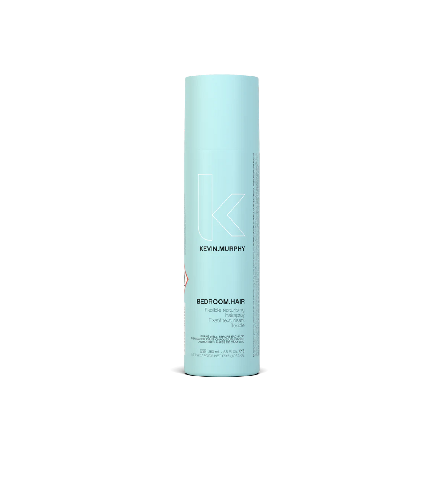 A can of **KEVIN.MURPHY BEDROOM.HAIR**, a lightweight, flexible hairspray designed to add touchable texture, movement, and volume. The sleek, matte bronze packaging reflects its effortless, tousled finish for perfectly undone, lived-in hair.