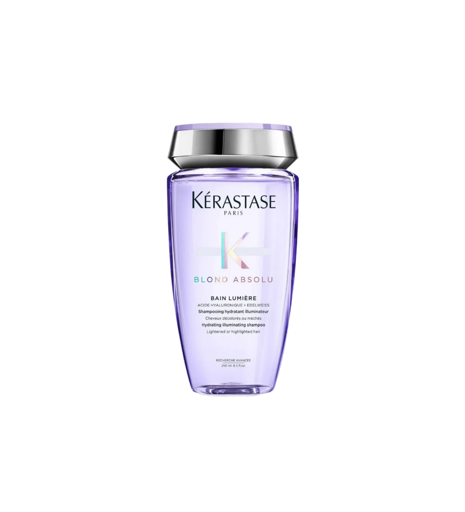 A bottle of **Kérastase Blond Absolu Bain Lumière Shampoo**, a hydrating and illuminating shampoo designed for blonde, lightened, or highlighted hair. Infused with hyaluronic acid and edelweiss flower, it gently cleanses while replenishing moisture, enhancing shine, and protecting hair from daily damage.