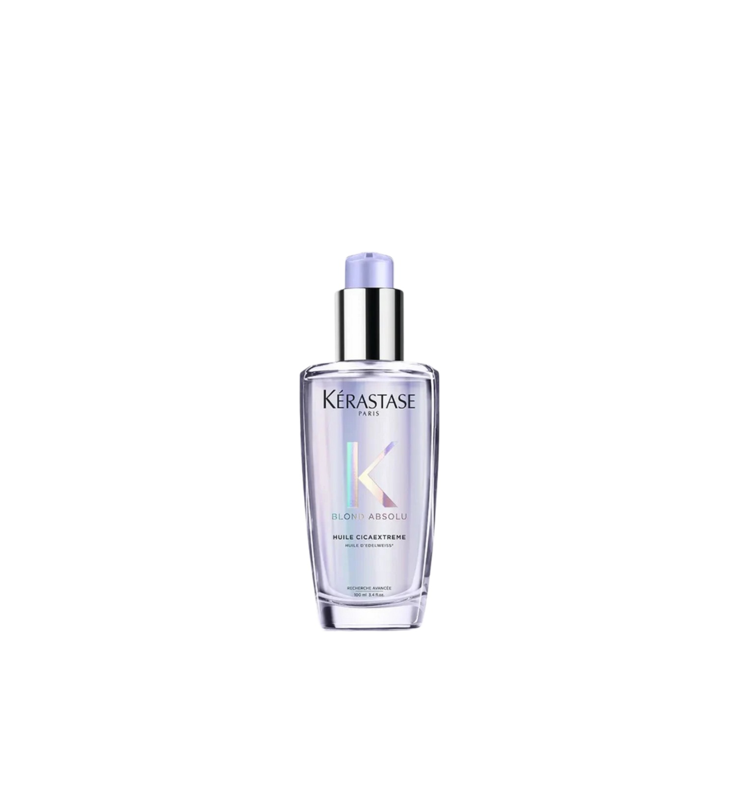 A bottle of **Kérastase Blond Absolu Cicaextreme Hair Repair Oil**, a luxurious, lightweight oil designed to deeply nourish and strengthen sensitized, bleached, or highlighted hair. Infused with edelweiss oil, it helps restore softness, smoothness, and shine while providing heat protection and reducing frizz for healthier, more resilient blonde hair.