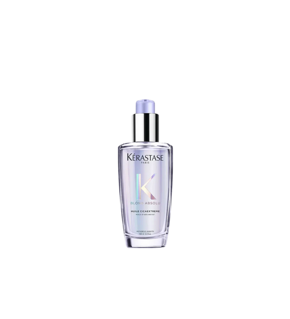 A bottle of **Kérastase Blond Absolu Cicaextreme Hair Repair Oil**, a luxurious, lightweight oil designed to deeply nourish and strengthen sensitized, bleached, or highlighted hair. Infused with edelweiss oil, it helps restore softness, smoothness, and shine while providing heat protection and reducing frizz for healthier, more resilient blonde hair.