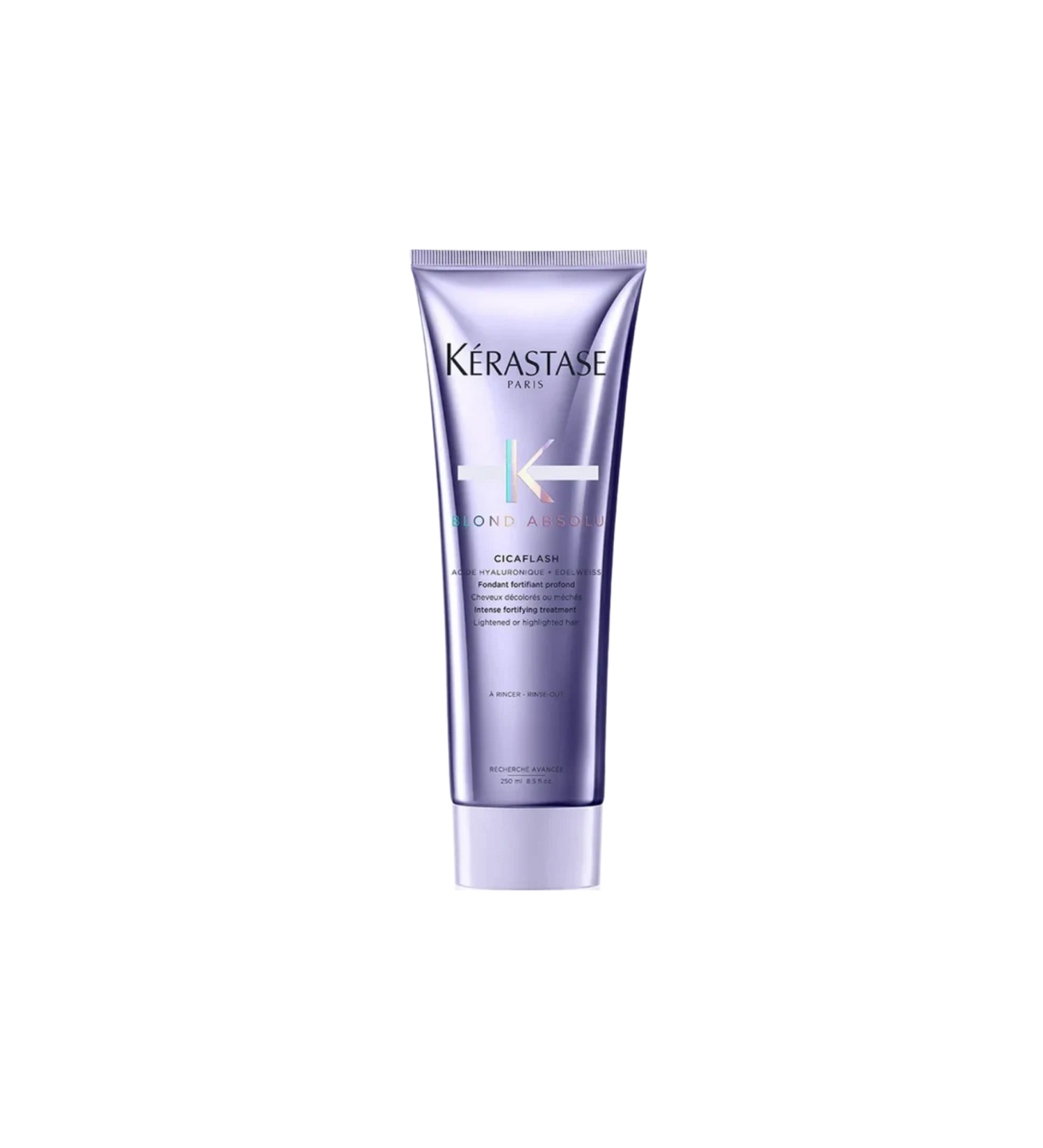 A bottle of **Kérastase Blond Absolu Cicaflash Conditioner**, a lightweight yet deeply nourishing conditioner designed for blonde, lightened, or highlighted hair. Combining the restorative power of a mask with the lightweight finish of a conditioner, it strengthens, hydrates, and protects against breakage while leaving hair soft, shiny, and luminous.
