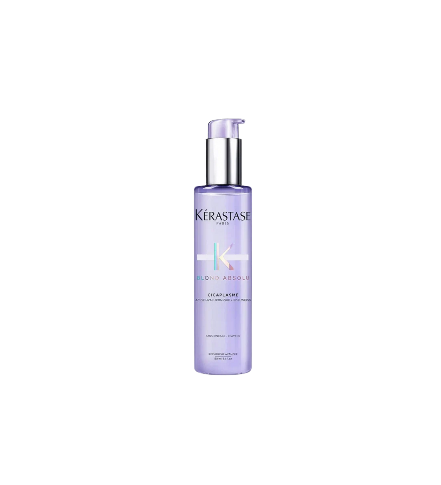 A bottle of **Kérastase Blond Absolu Cicaplasme**, a lightweight, leave-in heat protectant primer designed for blonde, lightened, or highlighted hair. Infused with hyaluronic acid and edelweiss flower, it strengthens, smooths, and protects against heat up to 230°C while reducing frizz and enhancing shine.