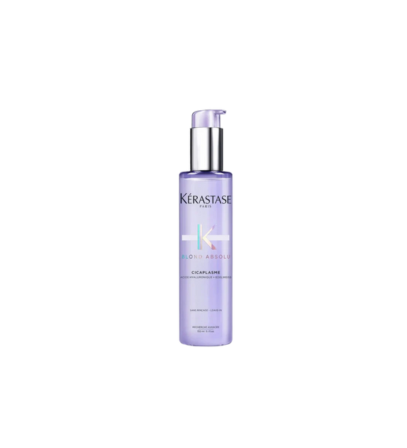 A bottle of **Kérastase Blond Absolu Cicaplasme**, a lightweight, leave-in heat protectant primer designed for blonde, lightened, or highlighted hair. Infused with hyaluronic acid and edelweiss flower, it strengthens, smooths, and protects against heat up to 230°C while reducing frizz and enhancing shine.