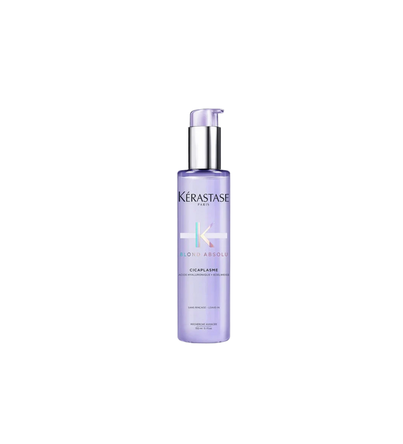 A bottle of **Kérastase Blond Absolu Cicaplasme**, a lightweight, leave-in heat protectant primer designed for blonde, lightened, or highlighted hair. Infused with hyaluronic acid and edelweiss flower, it strengthens, smooths, and protects against heat up to 230°C while reducing frizz and enhancing shine.