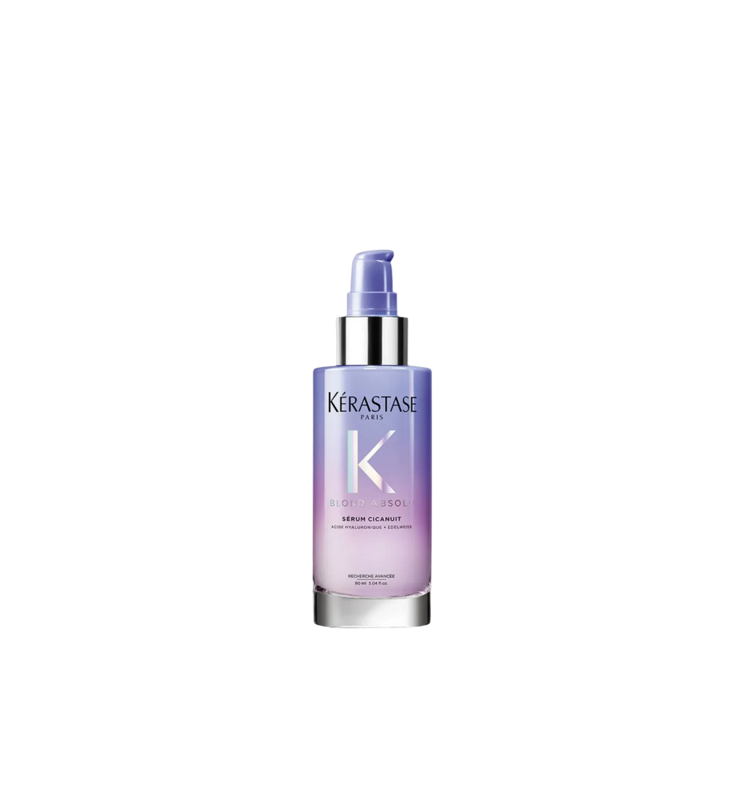 A bottle of **Kérastase Blond Absolu Cicanuit Night Serum**, a lightweight, leave-in serum that deeply nourishes and strengthens blonde, lightened, or highlighted hair overnight. Enriched with hyaluronic acid and edelweiss flower, it helps reduce breakage, smooth frizz, and restore hydration, leaving hair soft, shiny, and revitalized by morning.