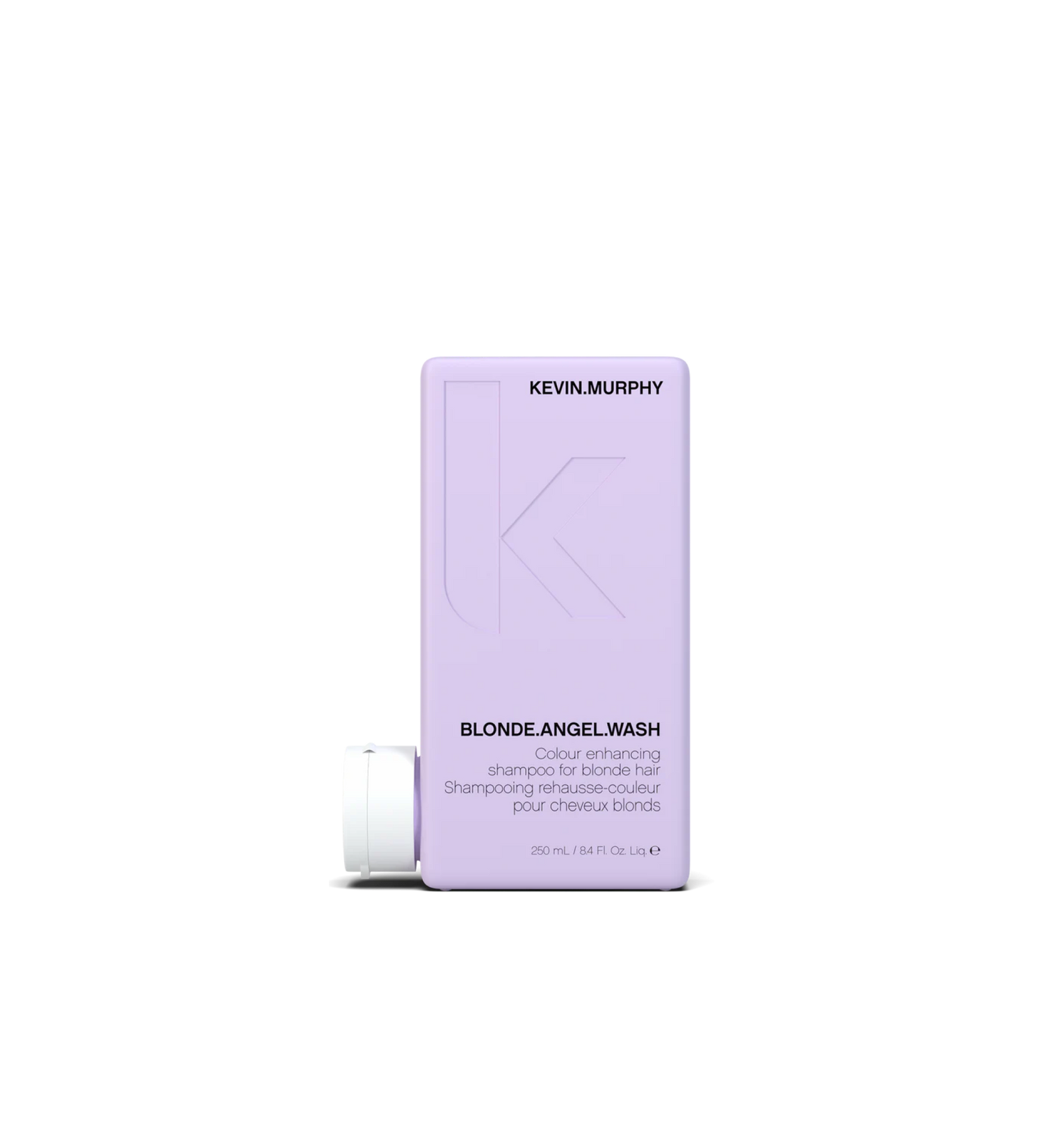 A bottle of **KEVIN.MURPHY BLONDE.ANGEL.WASH**, a color-enhancing shampoo designed to neutralize brassiness and brighten blonde, grey, and platinum tones. The sleek, matte lavender packaging highlights its nourishing formula, which gently cleanses while restoring moisture and shine for a vibrant, refreshed look.