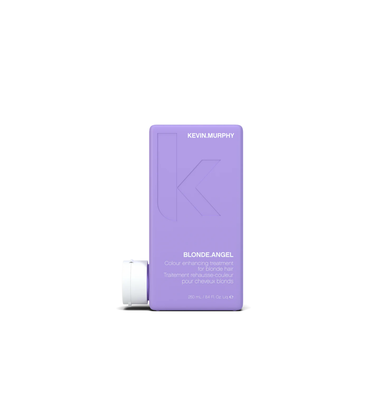 A bottle of **KEVIN.MURPHY BLONDE.ANGEL**, a color-enhancing treatment designed to neutralize brassiness and refresh blonde, grey, and platinum tones. The sleek, matte lavender packaging highlights its nourishing formula, which hydrates and restores shine for a vibrant, luminous finish.
