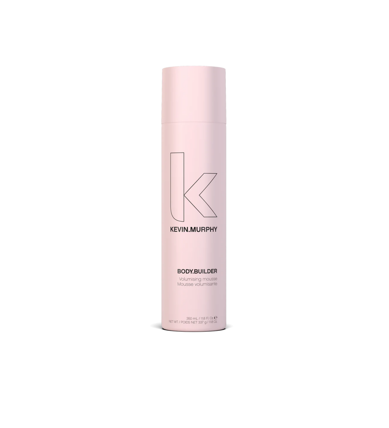 A can of **KEVIN.MURPHY BODY.BUILDER**, a weightless volumizing mousse that adds flexible fullness and bounce without stiffness. The sleek, matte white packaging highlights its nourishing formula, perfect for creating soft, touchable volume with a natural finish.