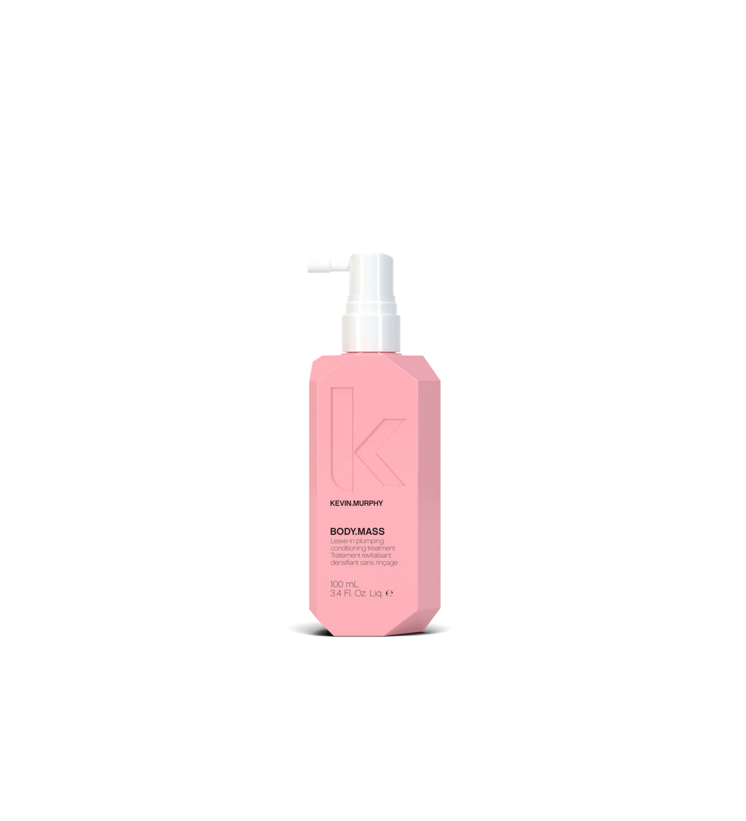 A bottle of **KEVIN.MURPHY BODY.MASS**, a leave-in plumping treatment designed to thicken and strengthen hair while reducing breakage. The sleek, matte lavender packaging highlights its lightweight, densifying formula, perfect for adding volume and fullness to fine or thinning hair.