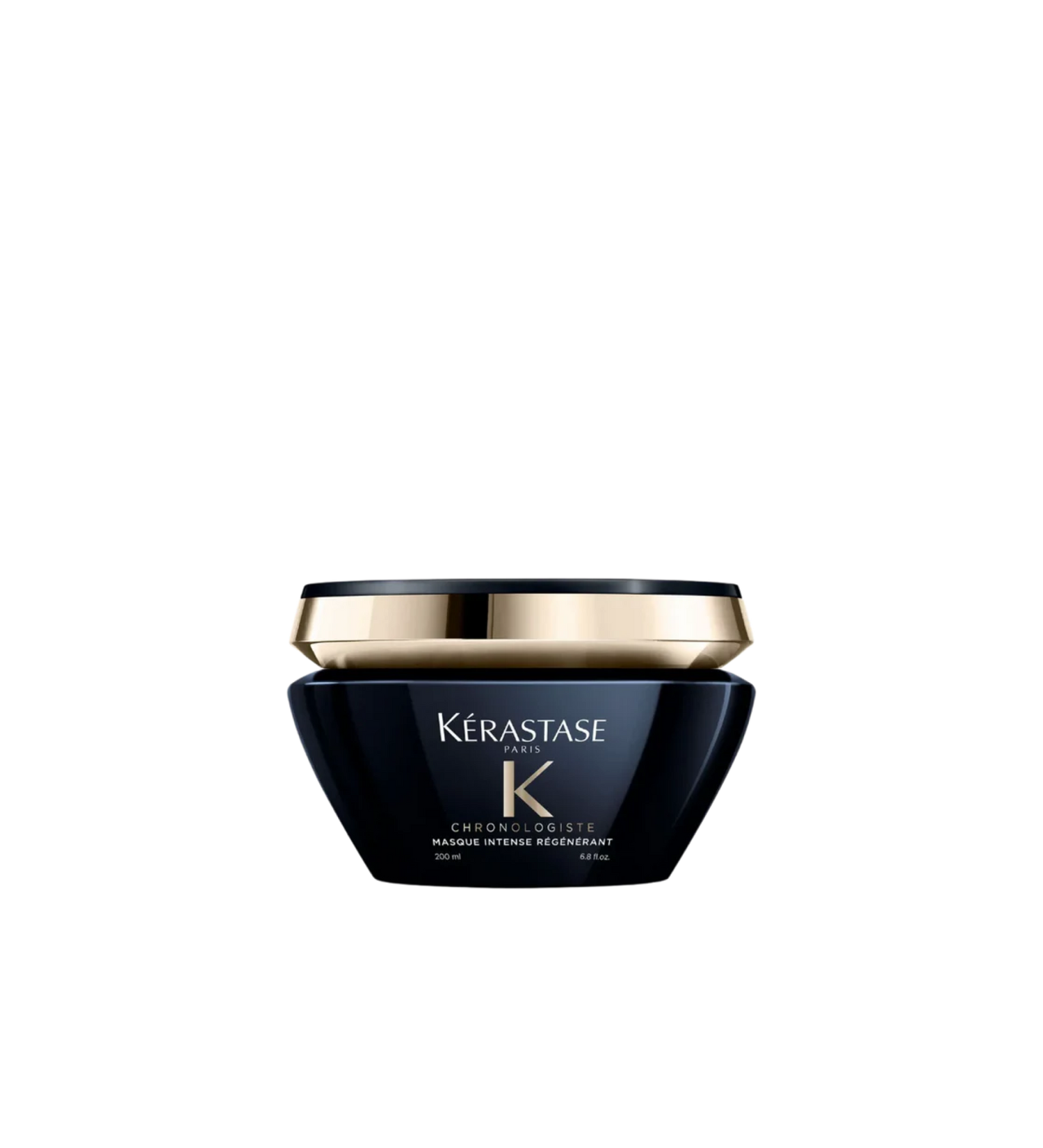 A jar of **Kérastase Chronologiste Masque Intense Régénérant**, a luxurious, deep-conditioning hair mask designed to revitalize and nourish all hair types. Infused with hyaluronic acid, abyssine, and vitamin E, it restores hydration, strengthens hair fibers, and enhances shine while combating signs of aging for smoother, more radiant hair.
