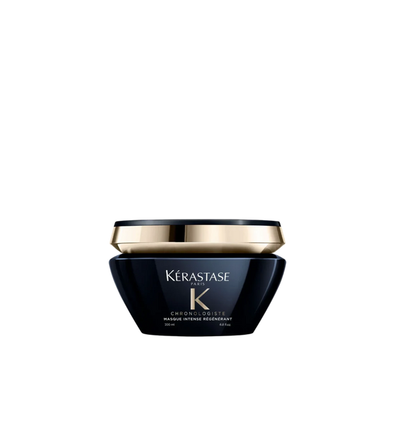 A jar of **Kérastase Chronologiste Masque Intense Régénérant**, a luxurious, deep-conditioning hair mask designed to revitalize and nourish all hair types. Infused with hyaluronic acid, abyssine, and vitamin E, it restores hydration, strengthens hair fibers, and enhances shine while combating signs of aging for smoother, more radiant hair.