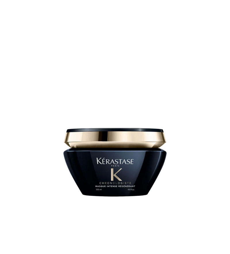 A jar of **Kérastase Chronologiste Masque Intense Régénérant**, a luxurious, deep-conditioning hair mask designed to revitalize and nourish all hair types. Infused with hyaluronic acid, abyssine, and vitamin E, it restores hydration, strengthens hair fibers, and enhances shine while combating signs of aging for smoother, more radiant hair.