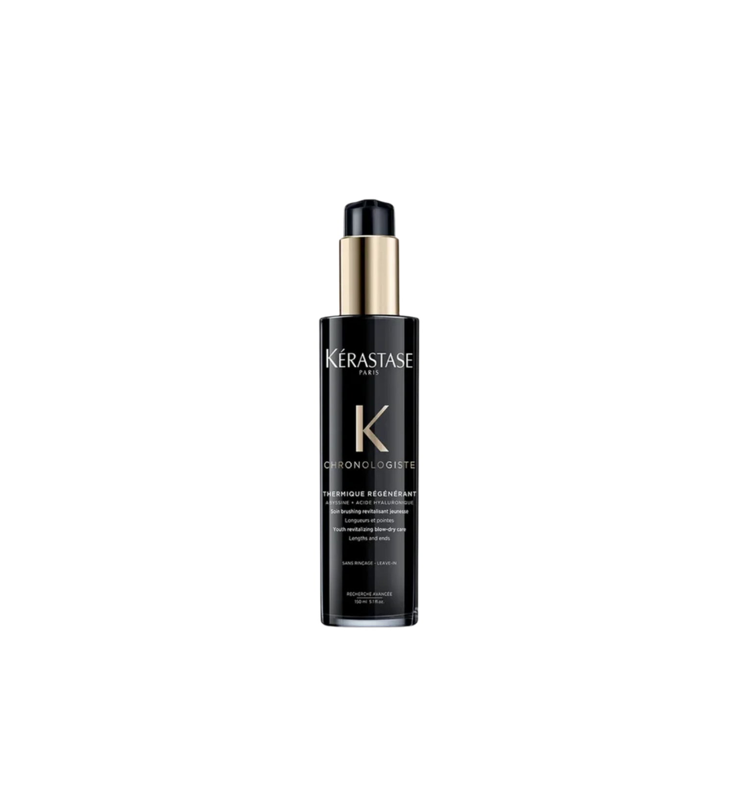 A bottle of **Kérastase Chronologiste Thermique Régénérant**, a regenerating leave-in treatment designed to smooth, strengthen, and protect hair from heat damage. Infused with hyaluronic acid, abyssine, and vitamin E, it delivers intense hydration, frizz control, and heat protection up to 230°C, leaving hair soft, shiny, and revitalized.
