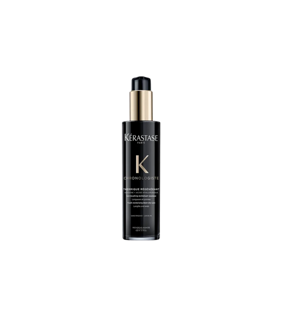 A bottle of **Kérastase Chronologiste Thermique Régénérant**, a regenerating leave-in treatment designed to smooth, strengthen, and protect hair from heat damage. Infused with hyaluronic acid, abyssine, and vitamin E, it delivers intense hydration, frizz control, and heat protection up to 230°C, leaving hair soft, shiny, and revitalized.