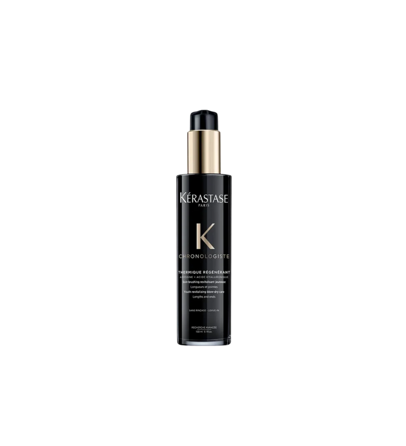 A bottle of **Kérastase Chronologiste Thermique Régénérant**, a regenerating leave-in treatment designed to smooth, strengthen, and protect hair from heat damage. Infused with hyaluronic acid, abyssine, and vitamin E, it delivers intense hydration, frizz control, and heat protection up to 230°C, leaving hair soft, shiny, and revitalized.