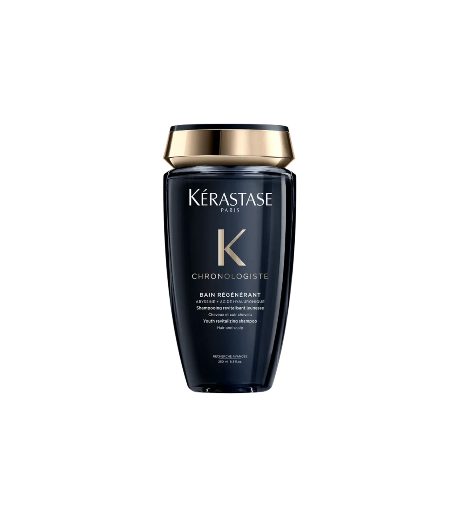 A bottle of **Kérastase Chronologiste Bain Régénérant**, a revitalizing shampoo that gently cleanses while restoring hydration, strength, and shine. Infused with hyaluronic acid, abyssine, and vitamin E, it combats signs of aging, smooths the hair fiber, and leaves hair feeling nourished and rejuvenated.