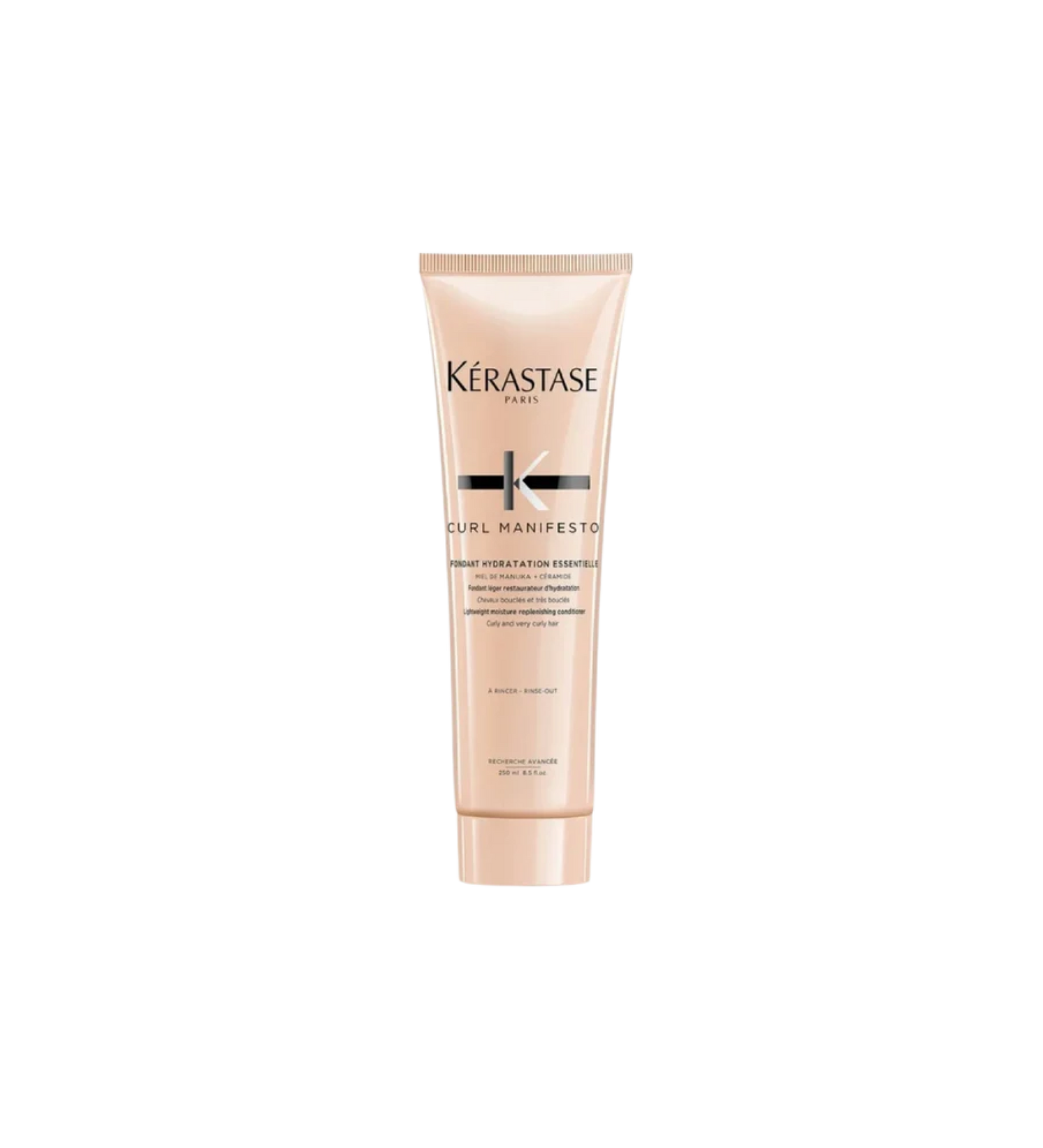 A bottle of **Kérastase Curl Manifesto Fondant Hydratation Essentielle**, a lightweight, hydrating conditioner designed to nourish and detangle curly, very curly, and coily hair. Infused with Manuka honey and ceramides, it enhances moisture retention, boosts curl definition, and leaves hair soft, smooth, and frizz-free.