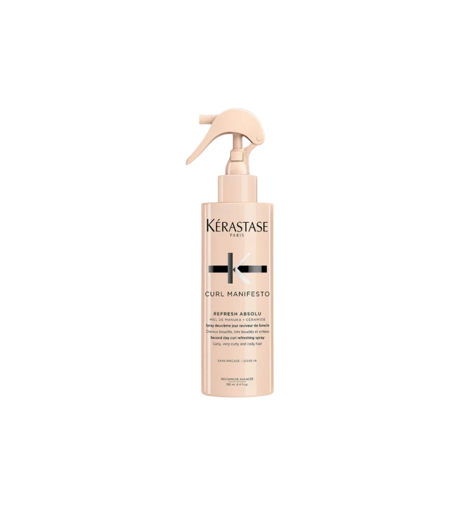 A bottle of **Kérastase Curl Manifesto Refresh Absolu**, a lightweight curl-refreshing spray designed to hydrate, redefine, and enhance curls between washes. Infused with Manuka honey and ceramides, it boosts shine, controls frizz, and revives curls for a fresh, bouncy, and nourished look.