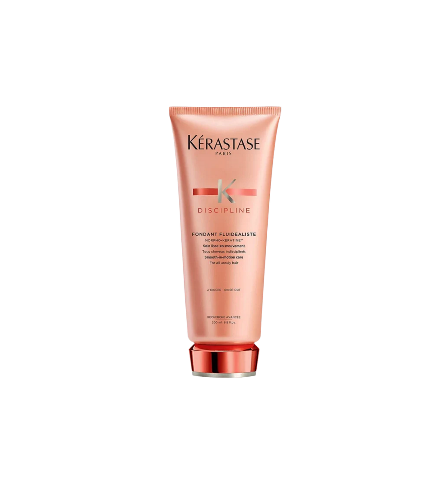 A bottle of **Kérastase Discipline Fondant Fluidealiste Smoothing Conditioner**, a lightweight, anti-frizz conditioner designed to smooth and soften unruly or frizzy hair. Infused with Morpho-Kératine™ technology, it enhances manageability, shine, and movement while providing humidity protection for a sleek, polished finish.
