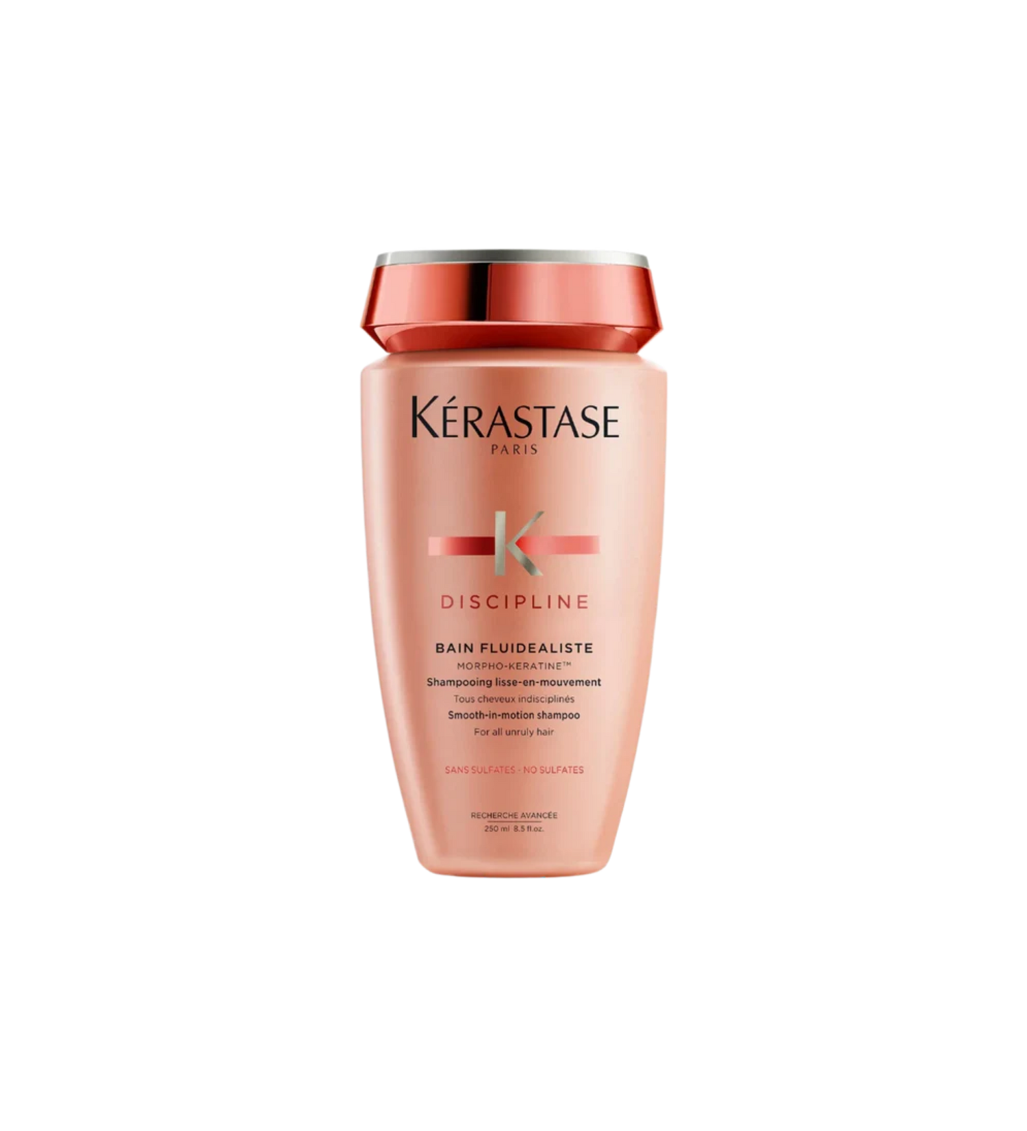 A bottle of **Kérastase Discipline Bain Fluidealiste Sulfate-Free Smoothing Shampoo**, a gentle, sulfate-free formula designed to cleanse, smooth, and control frizz while maintaining hair's natural movement. Enriched with Morpho-Kératine™ Complex, it provides humidity protection, enhances manageability, and leaves hair soft, shiny, and silky-smooth.