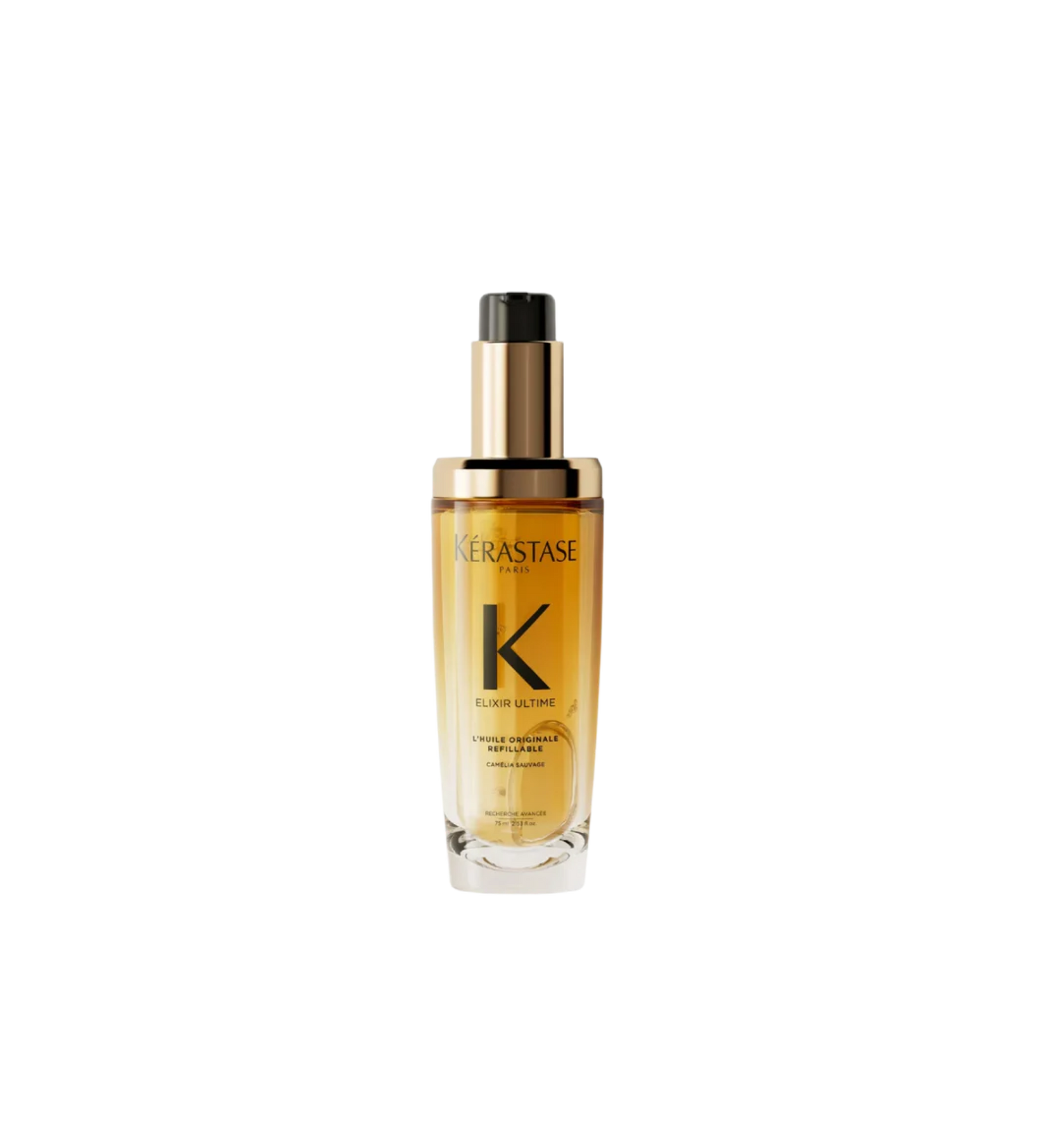 A bottle of **Kérastase Elixir Ultime L’Huile Originale**, a luxurious, multi-purpose hair oil designed to nourish, smooth, and add radiant shine. The elegant gold packaging highlights its lightweight yet deeply hydrating formula, infused with a blend of precious oils, including Marula and Camellia, to protect against frizz, heat damage, and dullness for silky, luminous hair.