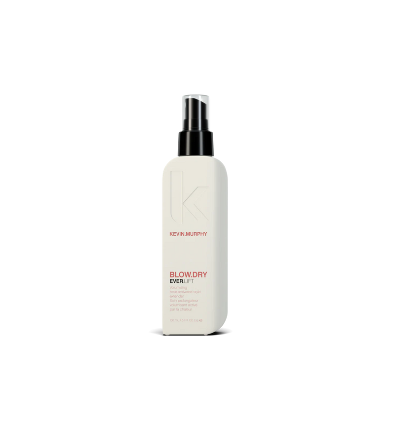 A can of **KEVIN.MURPHY EVER.LIFT**, a heat-activated volumising spray designed to create long-lasting lift and body. The sleek, matte blue packaging highlights its lightweight formula, delivering root boost and frizz control for a full, bouncy finish.