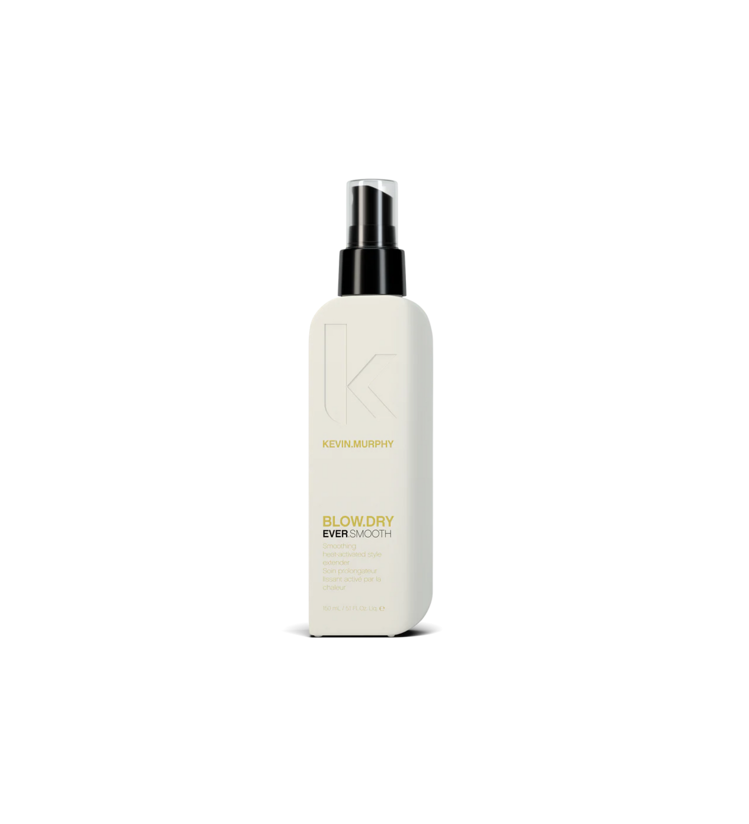 A can of **KEVIN.MURPHY EVER.SMOOTH**, a heat-activated smoothing spray that fights frizz and enhances shine for a silky, long-lasting finish. The sleek, matte light blue packaging reflects its lightweight formula, delivering humidity resistance and a soft, touchable feel.