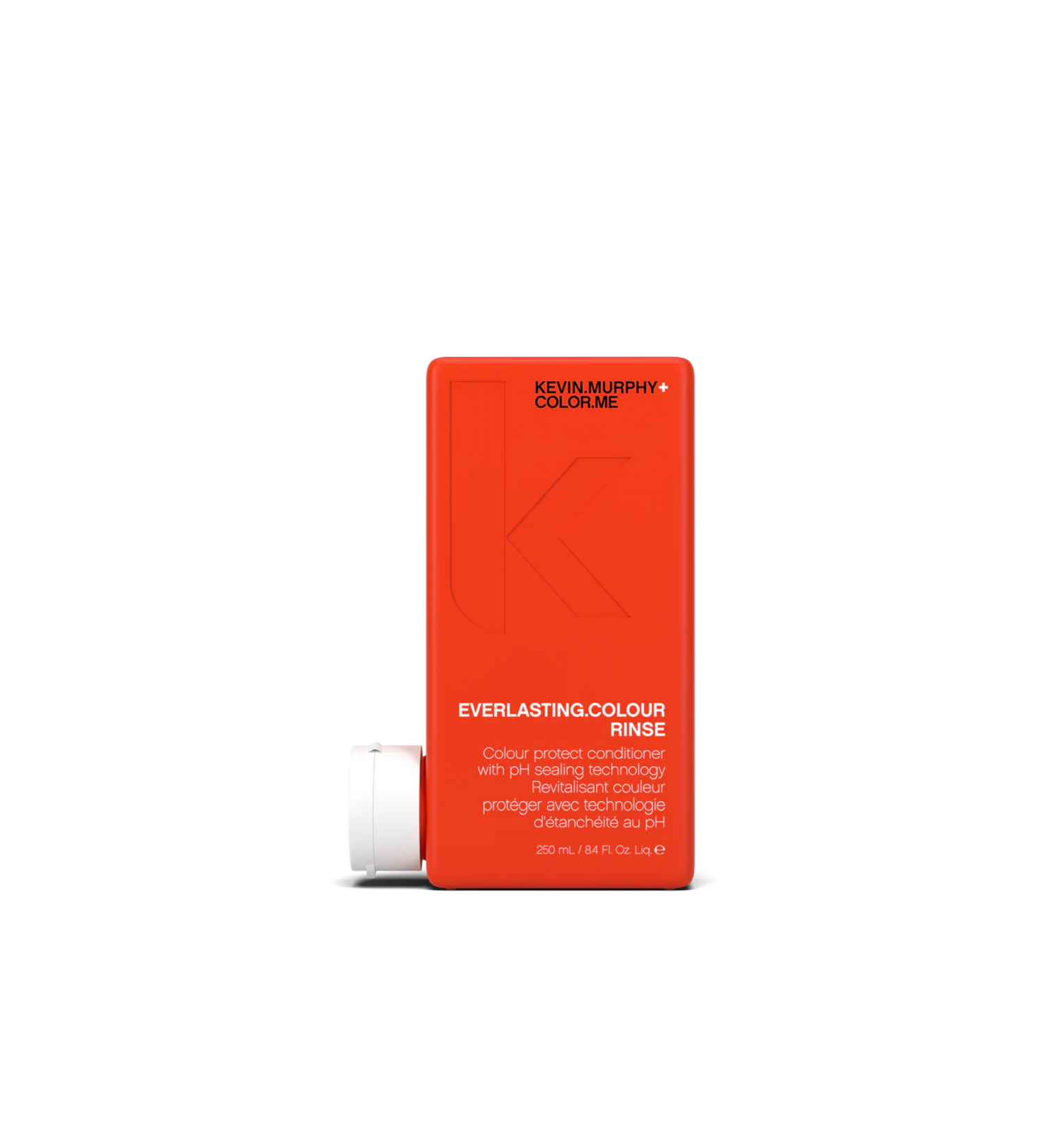 A bottle of **KEVIN.MURPHY EVERLASTING.COLOUR RINSE**, a color-locking conditioner designed to protect and enhance vibrancy while strengthening hair. The sleek, matte pink packaging highlights its nourishing formula, which helps maintain shine, hydration, and long-lasting color brilliance.