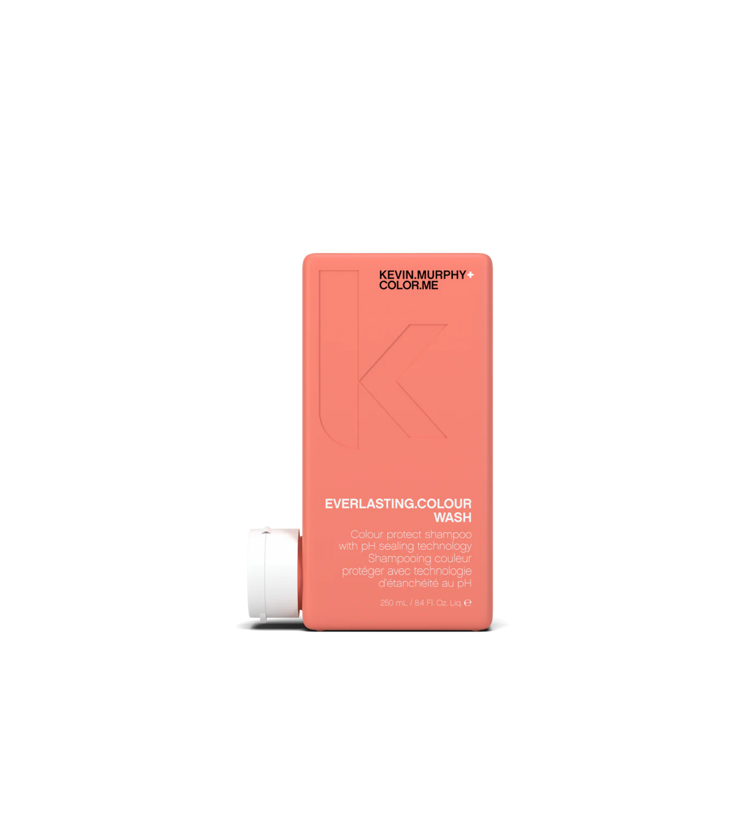 A bottle of **KEVIN.MURPHY EVERLASTING.COLOUR WASH**, a color-protecting shampoo designed to enhance vibrancy, strengthen hair, and lock in long-lasting shine. The sleek, matte pink packaging highlights its gentle, sulfate-free formula, perfect for maintaining color brilliance and hydration.