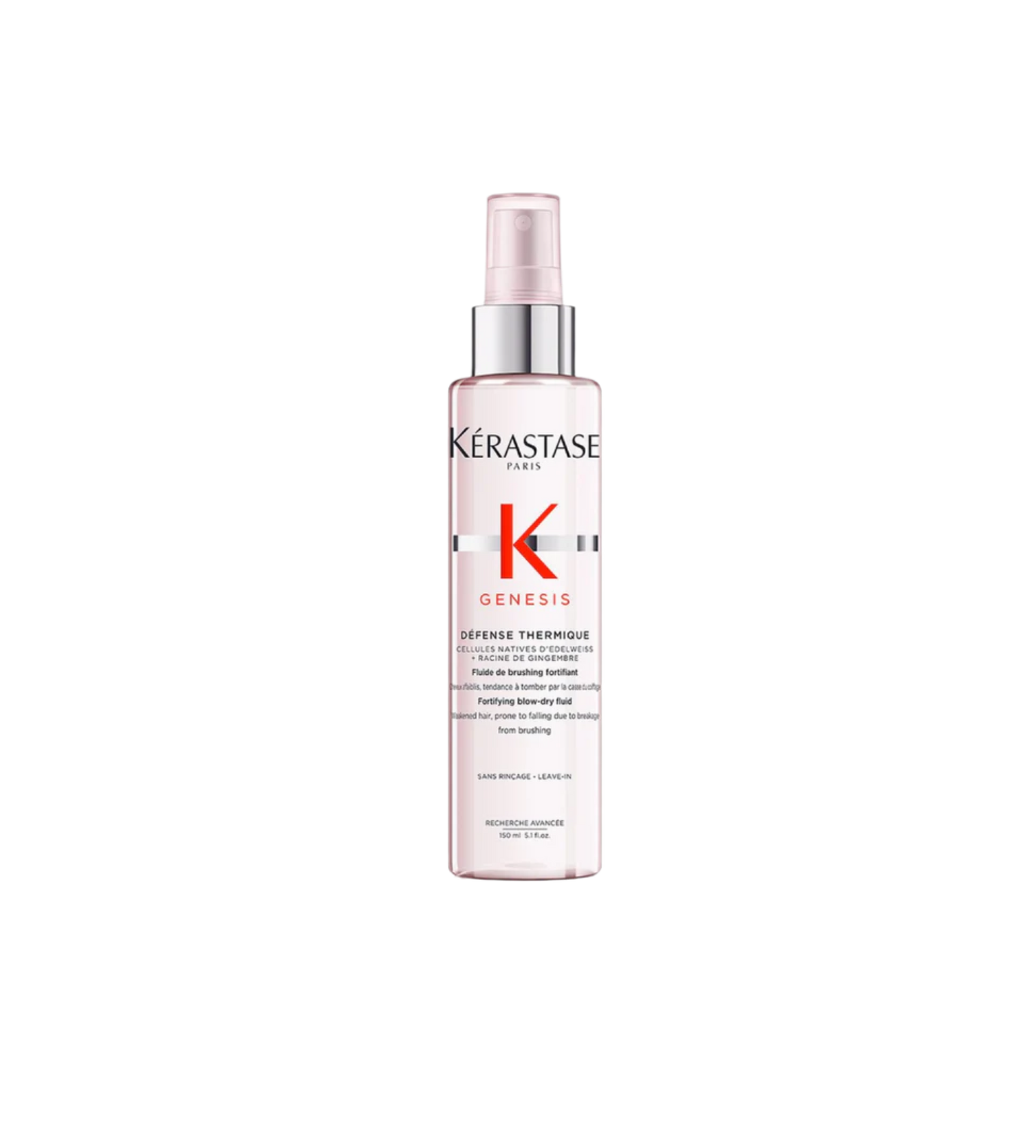 A bottle of **Kérastase Genesis Défense Thermique**, an anti-hair fall heat protectant spray designed to strengthen weakened hair and protect against breakage. The sleek, blush pink packaging highlights its lightweight, nourishing formula, enriched with Edelweiss Native Cells and Ginger Root, providing hydration, frizz control, and heat protection up to 220°C for healthier, more resilient hair.
