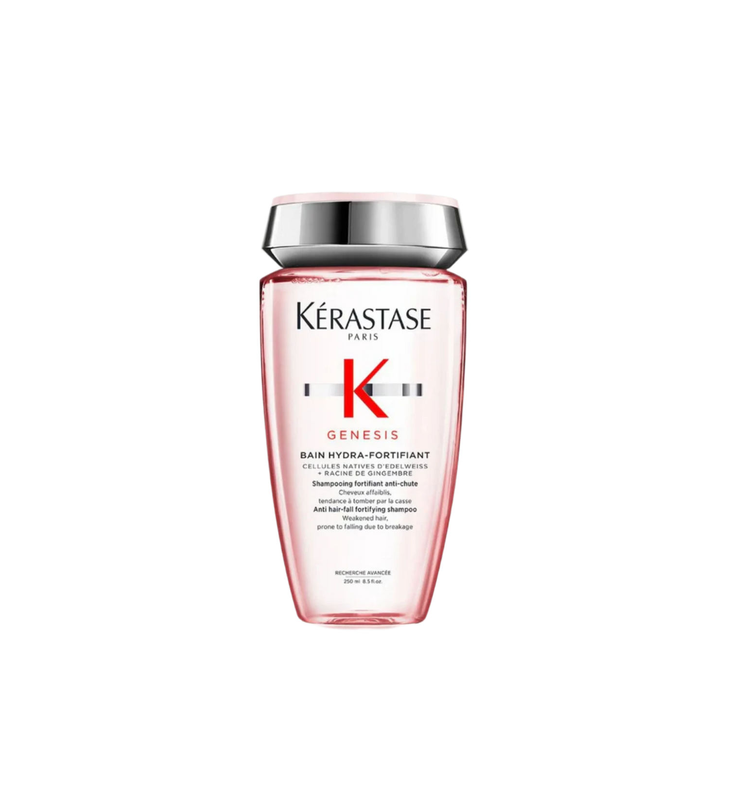 A bottle of **Kérastase Genesis Bain Hydra-Fortifiant**, a lightweight fortifying shampoo designed for thin, weakened hair prone to hair fall due to breakage. The sleek, blush pink packaging highlights its gentle, cleansing formula, enriched with Edelweiss Native Cells and Ginger Root, to strengthen, purify the scalp, and improve resilience while maintaining softness and hydration.