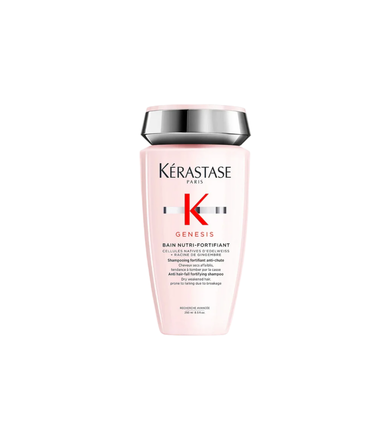 A bottle of **Kérastase Genesis Bain Nutri-Fortifiant**, a fortifying shampoo designed for thick, weakened hair prone to hair fall due to breakage. The sleek, blush pink packaging highlights its nourishing formula, enriched with Edelweiss Native Cells and Ginger Root, to gently cleanse, strengthen, and protect hair while restoring softness and hydration.