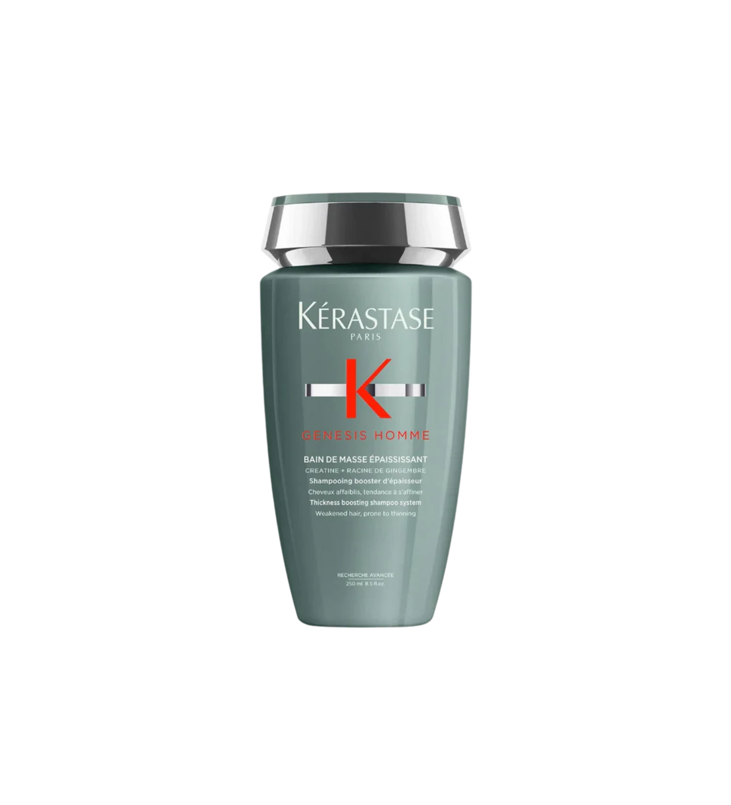 A bottle of **Kérastase Genesis Homme Bain De Masse Épaississant**, a thickening shampoo designed for men with weakened, thinning hair. The sleek, dark green packaging highlights its energizing formula, which gently cleanses while boosting hair density, strength, and volume for a fuller, healthier look.