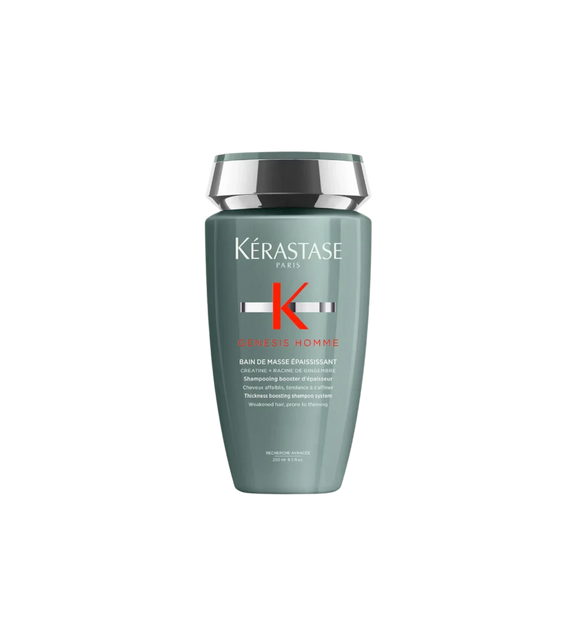 A bottle of **Kérastase Genesis Homme Bain De Masse Épaississant**, a thickening shampoo designed for men with weakened, thinning hair. The sleek, dark green packaging highlights its energizing formula, which gently cleanses while boosting hair density, strength, and volume for a fuller, healthier look.