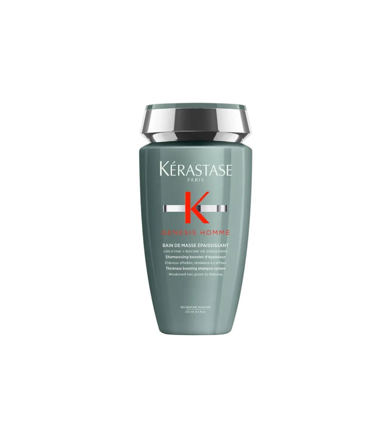 A bottle of **Kérastase Genesis Homme Bain De Masse Épaississant**, a thickening shampoo designed for men with weakened, thinning hair. The sleek, dark green packaging highlights its energizing formula, which gently cleanses while boosting hair density, strength, and volume for a fuller, healthier look.