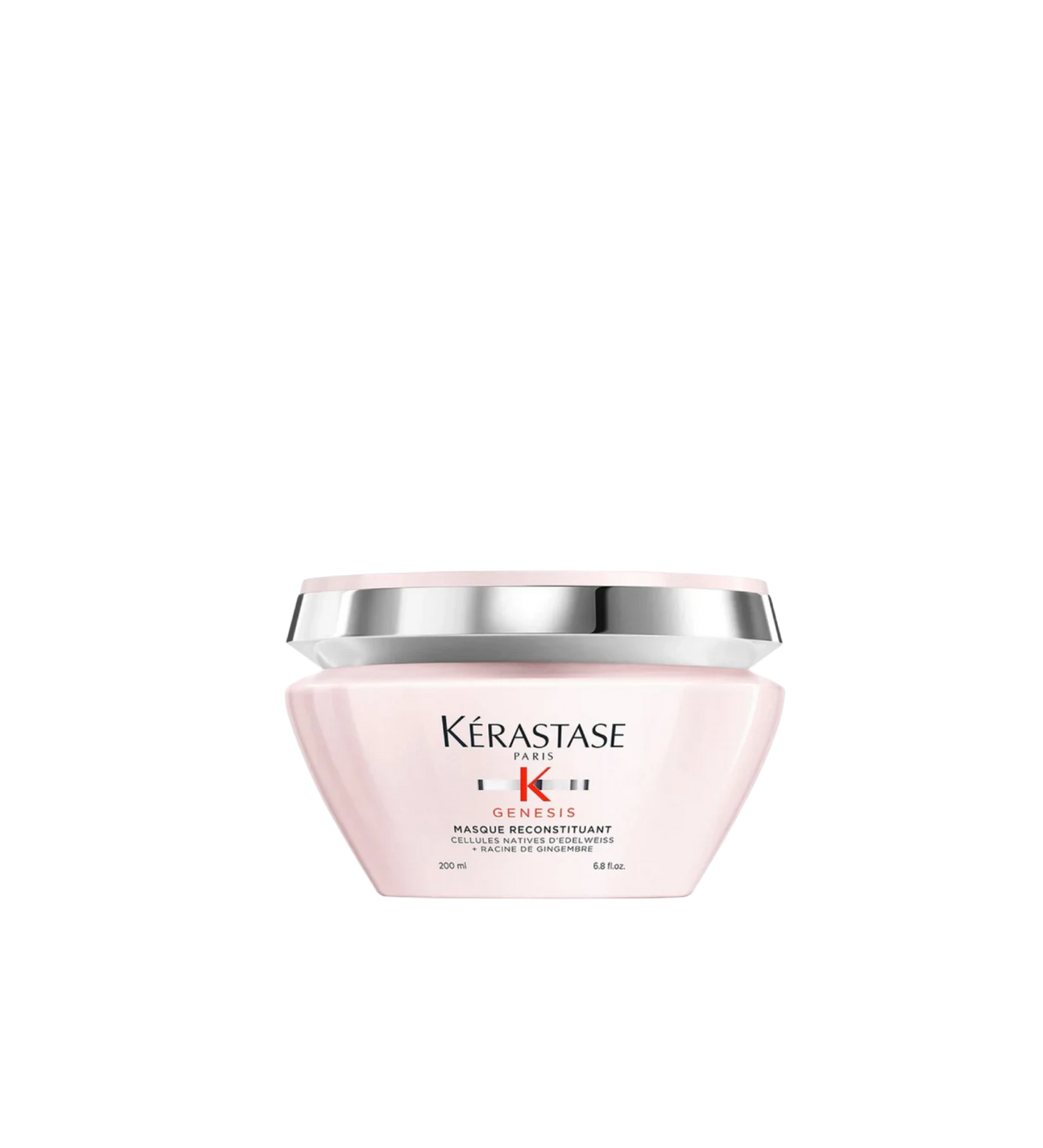 A jar of **Kérastase Genesis Masque Reconstituant**, a deeply nourishing hair mask designed to strengthen weakened hair and reduce hair fall due to breakage. The sleek, blush pink packaging highlights its fortifying formula, enriched with Edelweiss Native Cells and Ginger Root, to restore hydration, resilience, and smoothness for healthier, more resistant hair.