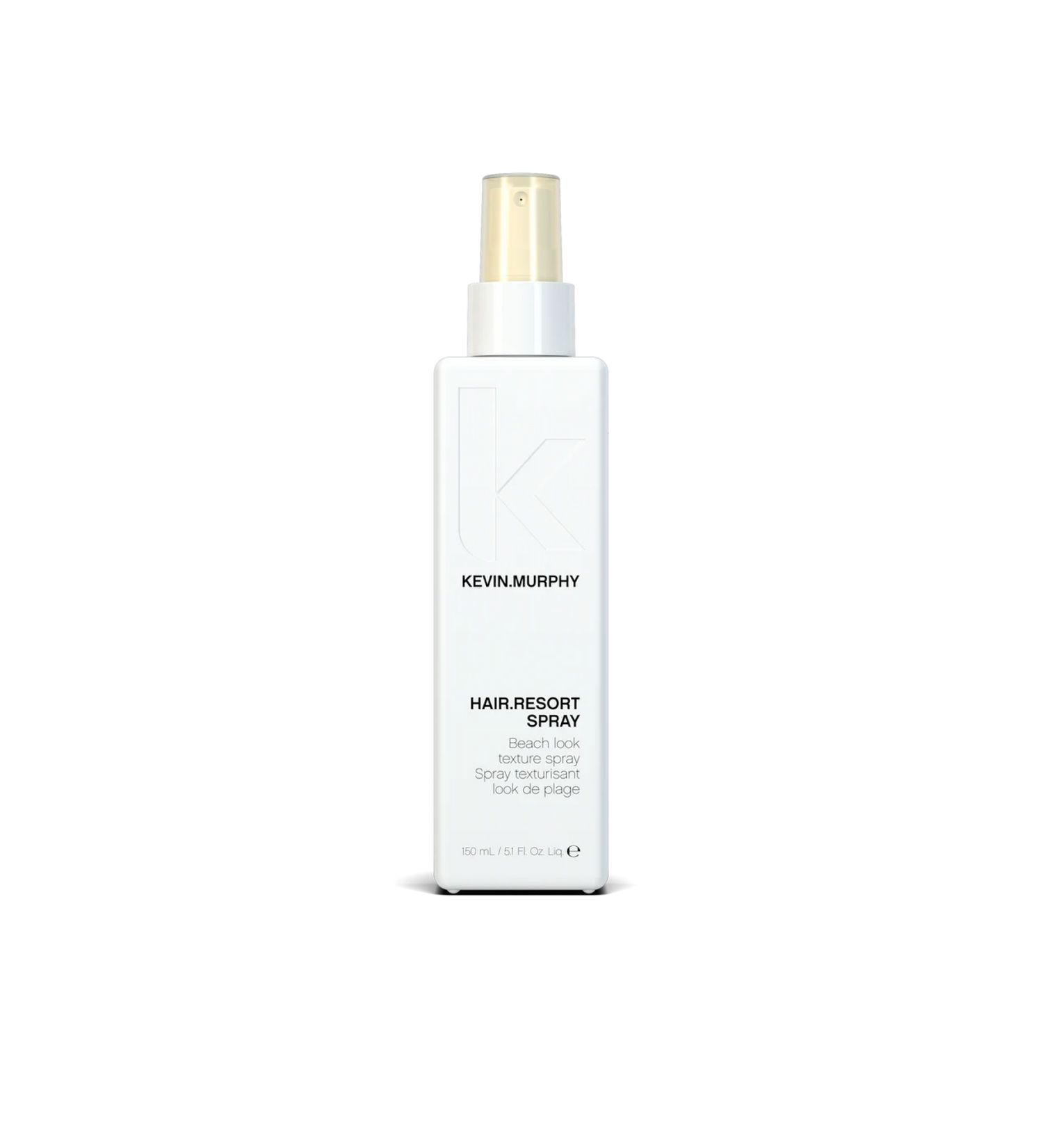 A bottle of **KEVIN.MURPHY HAIR.RESORT.SPRAY**, a lightweight, texturizing spray designed to create effortlessly tousled, beachy waves with a natural-looking hold. Infused with hydrating ingredients, it enhances volume and texture while leaving hair with a matte finish and flexible movement.