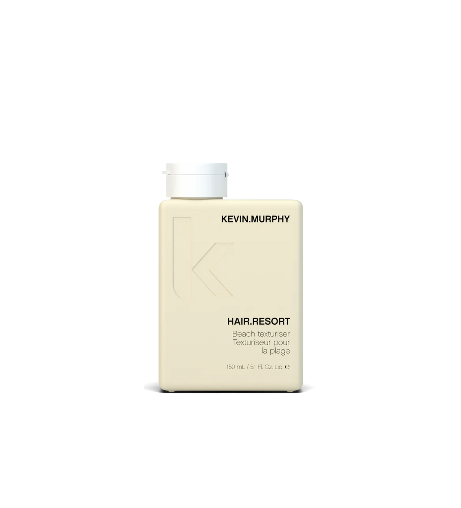 A bottle of **KEVIN.MURPHY HAIR.RESORT**, a texturizing lotion that adds volume, grit, and a beachy, tousled finish. The sleek, matte yellow packaging reflects its lightweight, flexible hold—perfect for creating effortless, sun-kissed waves.