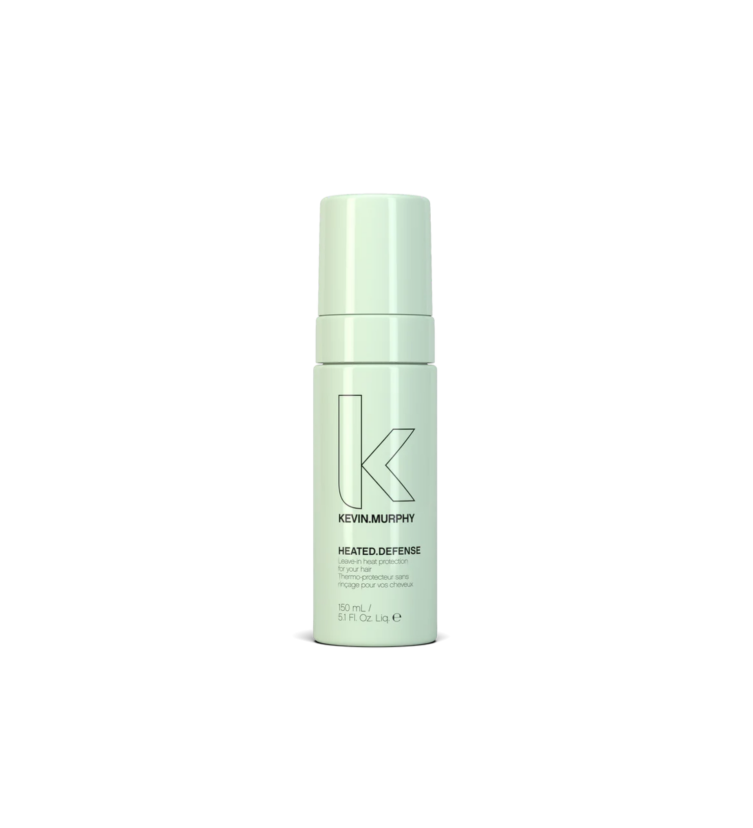 A bottle of **KEVIN.MURPHY HEATED.DEFENSE**, a weightless, leave-in heat protectant foam that shields hair from damage caused by styling tools up to 232°C (450°F). This strengthening formula helps reduce breakage while keeping hair smooth, hydrated, and protected.