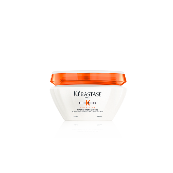 A jar of **Kérastase Nutritive Masquintense Riche**, an intensely nourishing hair mask designed for very dry, thick hair. Its rich formula deeply hydrates, restores softness, and enhances manageability while providing long-lasting moisture.