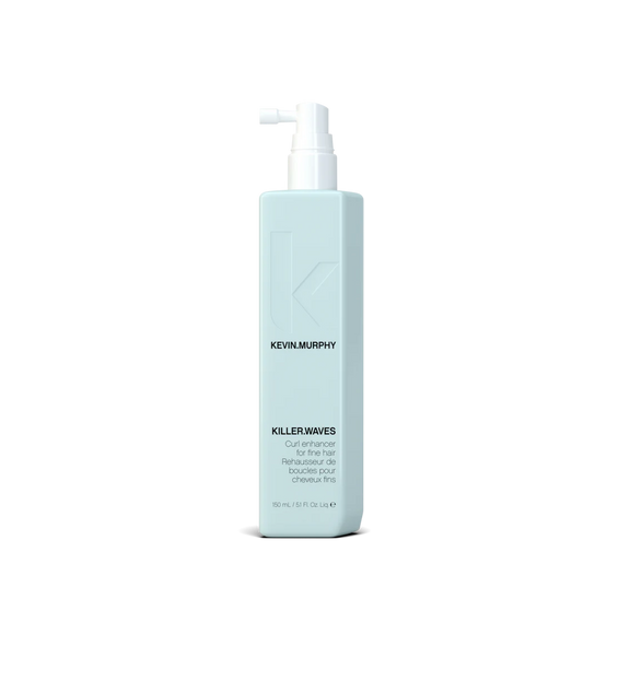 A bottle of **KEVIN.MURPHY KILLER.WAVES**, a lightweight curl-enhancing spray designed to boost volume, define waves, and reduce frizz without weighing hair down. Perfect for fine and wavy hair, it adds texture and movement while maintaining a soft, natural feel.