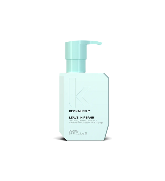 A bottle of **KEVIN.MURPHY LEAVE-IN.REPAIR**, a nourishing leave-in treatment designed to repair and strengthen damaged or over-processed hair. Infused with proteins and amino acids, it helps reduce breakage, restore moisture, and protect against heat styling—leaving hair smooth, healthy, and resilient.