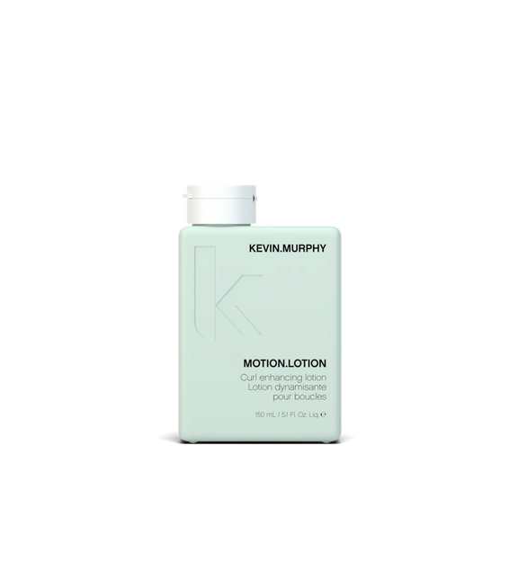 A bottle of **KEVIN.MURPHY MOTION.LOTION**, a lightweight, curl-enhancing lotion designed to define waves and curls while providing flexible hold and natural movement. Infused with nourishing ingredients, it fights frizz, boosts shine, and leaves hair feeling soft and touchable.