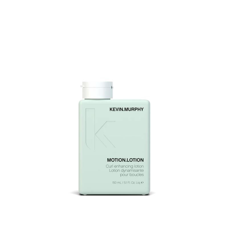 A bottle of **KEVIN.MURPHY MOTION.LOTION**, a lightweight, curl-enhancing lotion designed to define waves and curls while providing flexible hold and natural movement. Infused with nourishing ingredients, it fights frizz, boosts shine, and leaves hair feeling soft and touchable.
